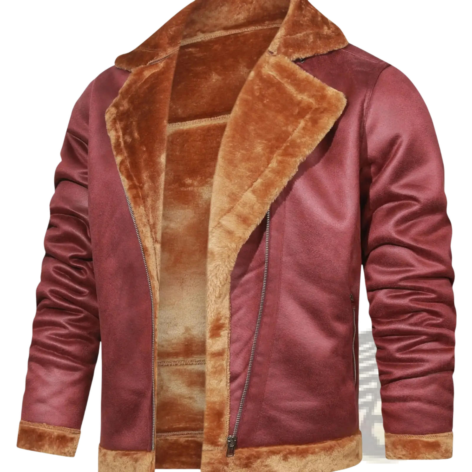 Men’s thickened fur shearling bomber jacket in maroon leather with plush tan shearling collar and cuffs