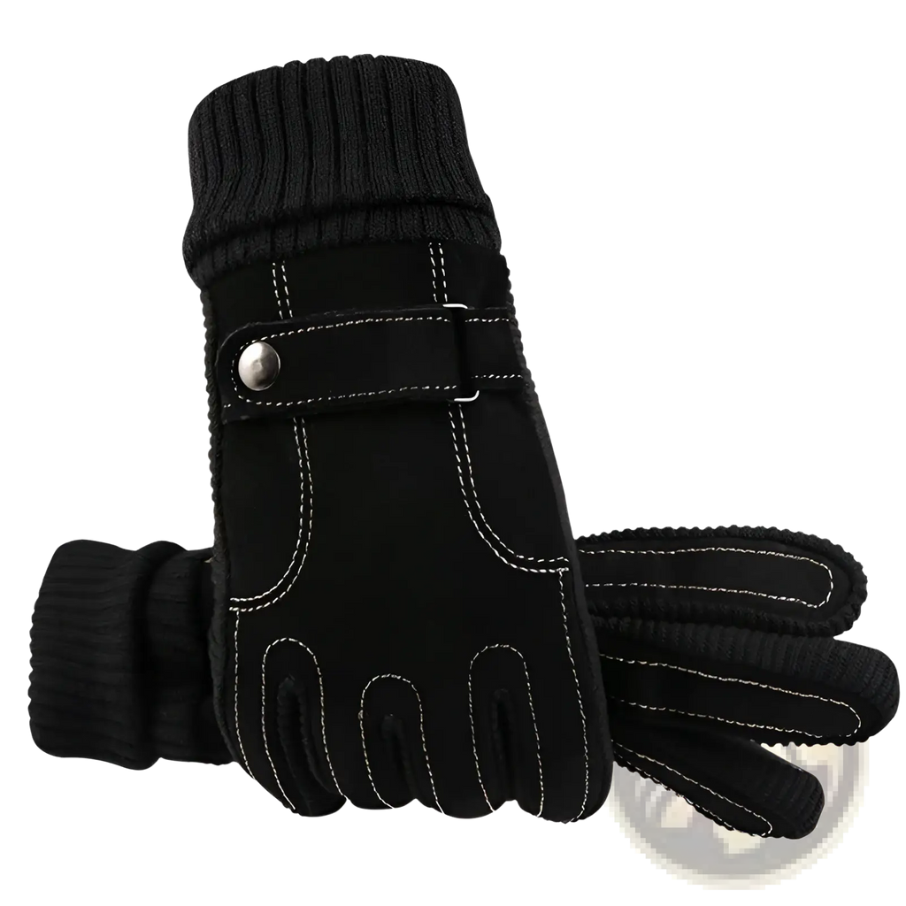 Men’s touch screen winter leather gloves in black with suede-like palms, ribbed knit cuffs, white stitching, and snap closure