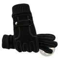 Men’s touch screen winter leather gloves in black with suede-like palms, ribbed knit cuffs, white stitching, and snap closure