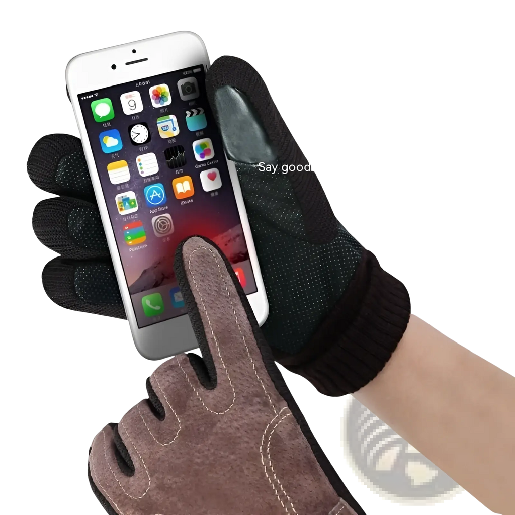Men’s touch screen winter leather gloves in black and brown with textured fingertips for phone use shown from the back side