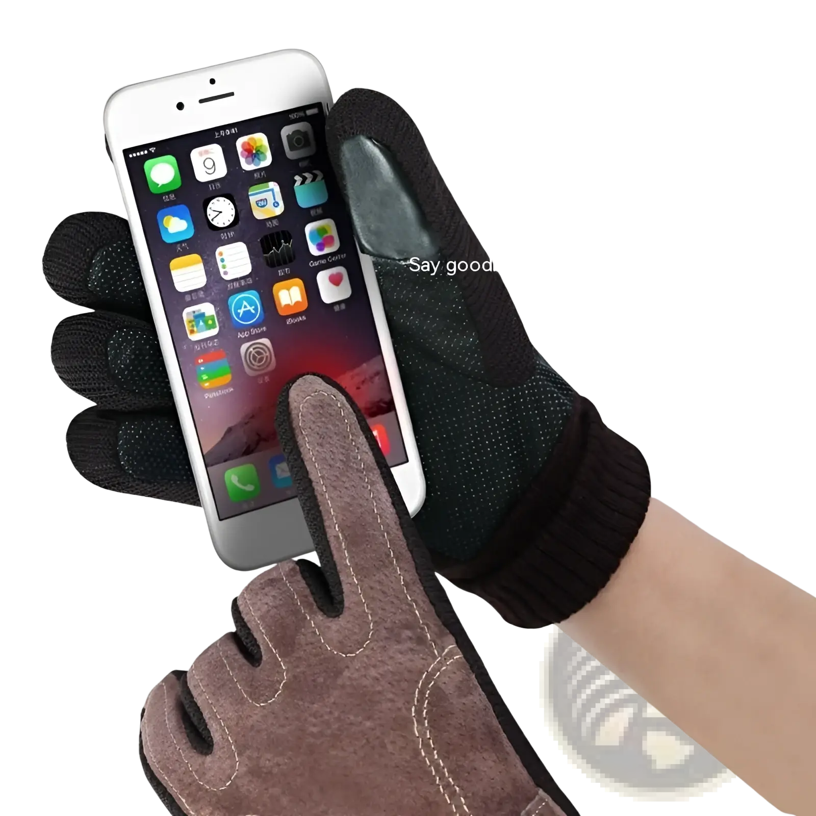 Men’s touch screen winter leather gloves in black and brown with textured fingertips for phone use shown from the back side