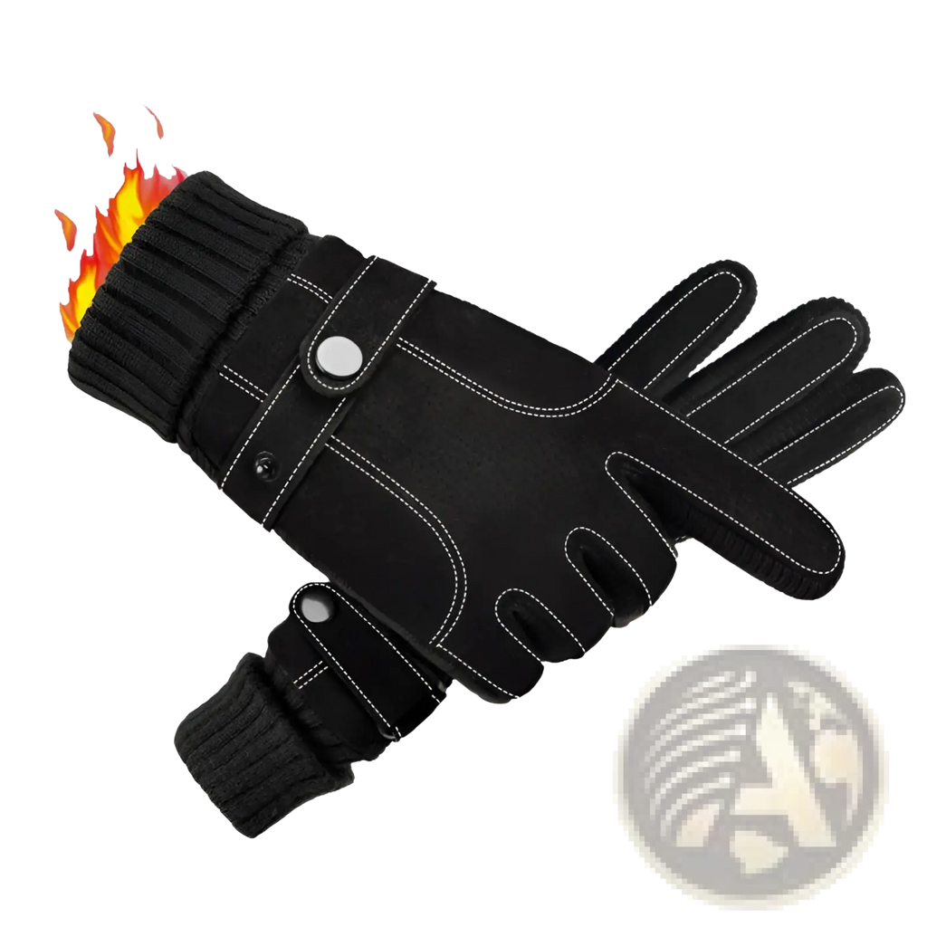 Men’s touch screen winter leather gloves in black with ribbed knit cuff white stitching and snap closures shown from the back