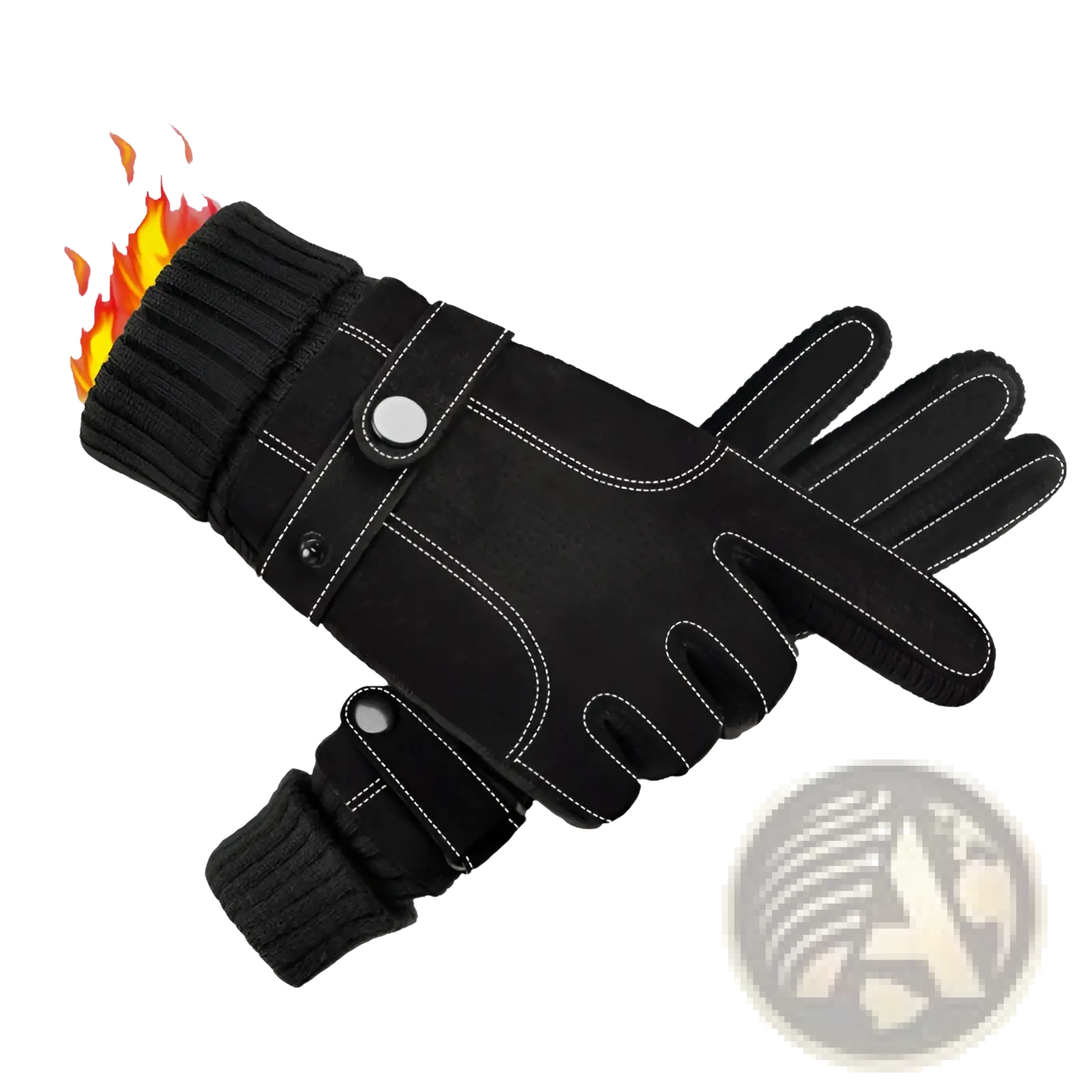 Men’s touch screen winter leather gloves in black with ribbed knit cuff white stitching and snap closures shown from the back