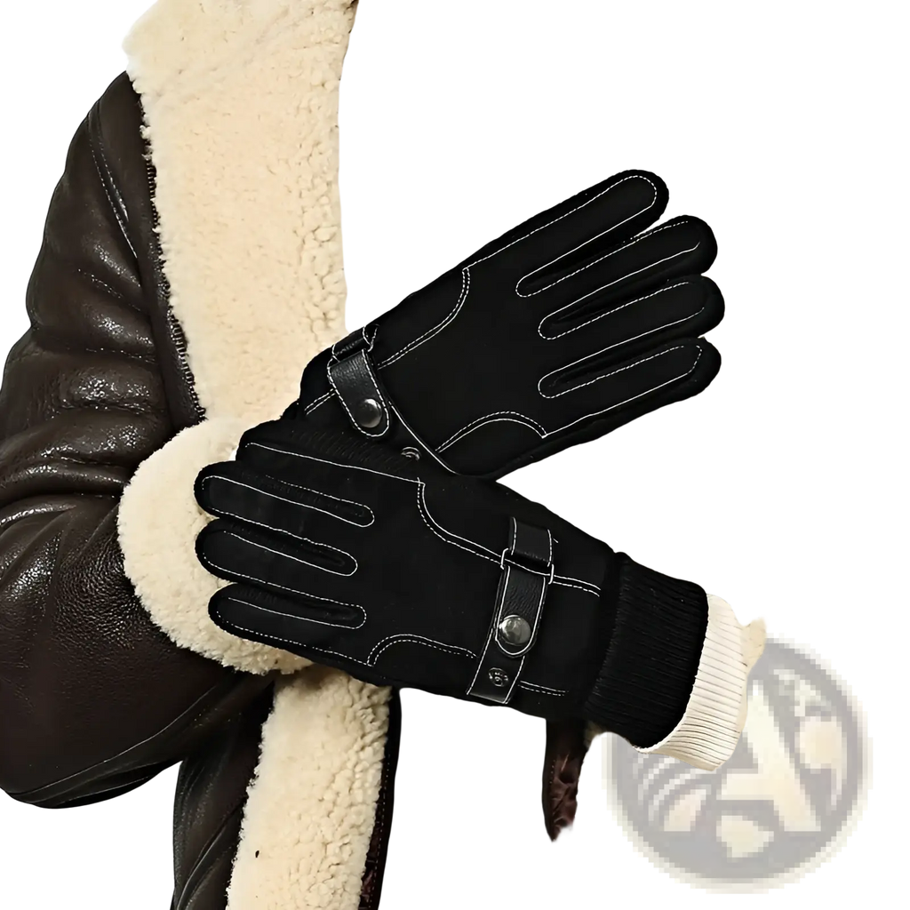 Black suede men’s touch screen winter leather gloves with white stitching and silver-toned snap closures back view