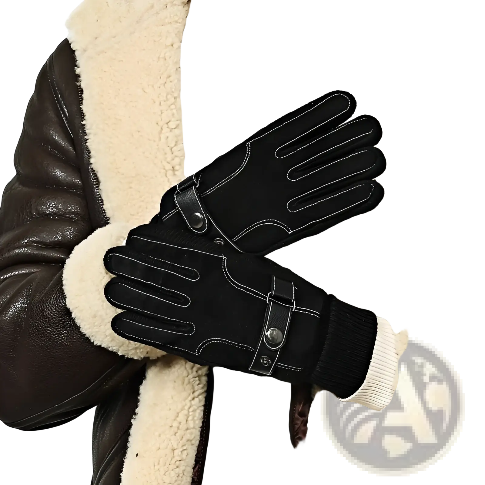Black suede men’s touch screen winter leather gloves with white stitching and silver-toned snap closures back view