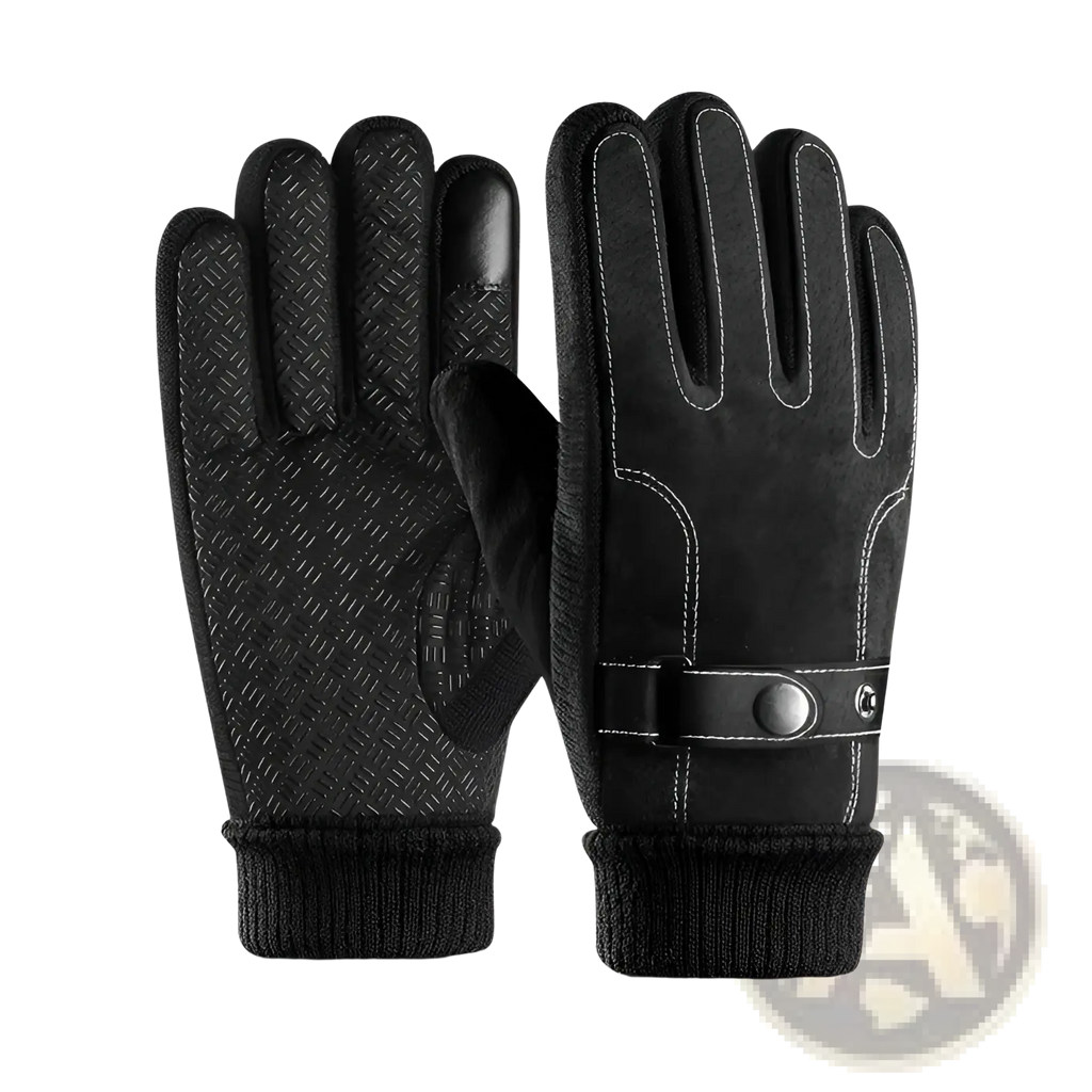 Men’s touch screen winter leather gloves in black with textured palm suede-like back white stitching and wrist snap strap
