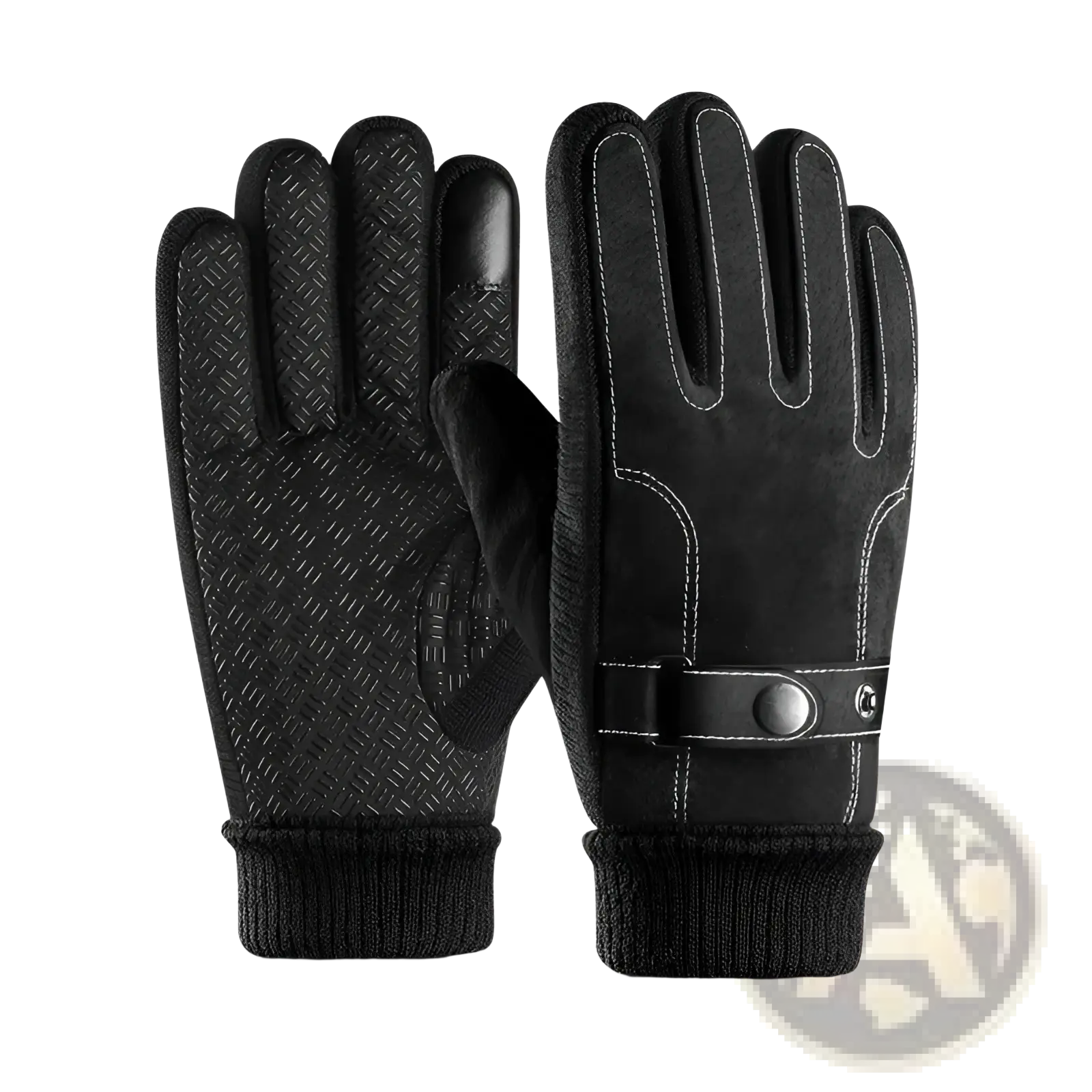 Men’s touch screen winter leather gloves in black with textured palm suede-like back white stitching and wrist snap strap