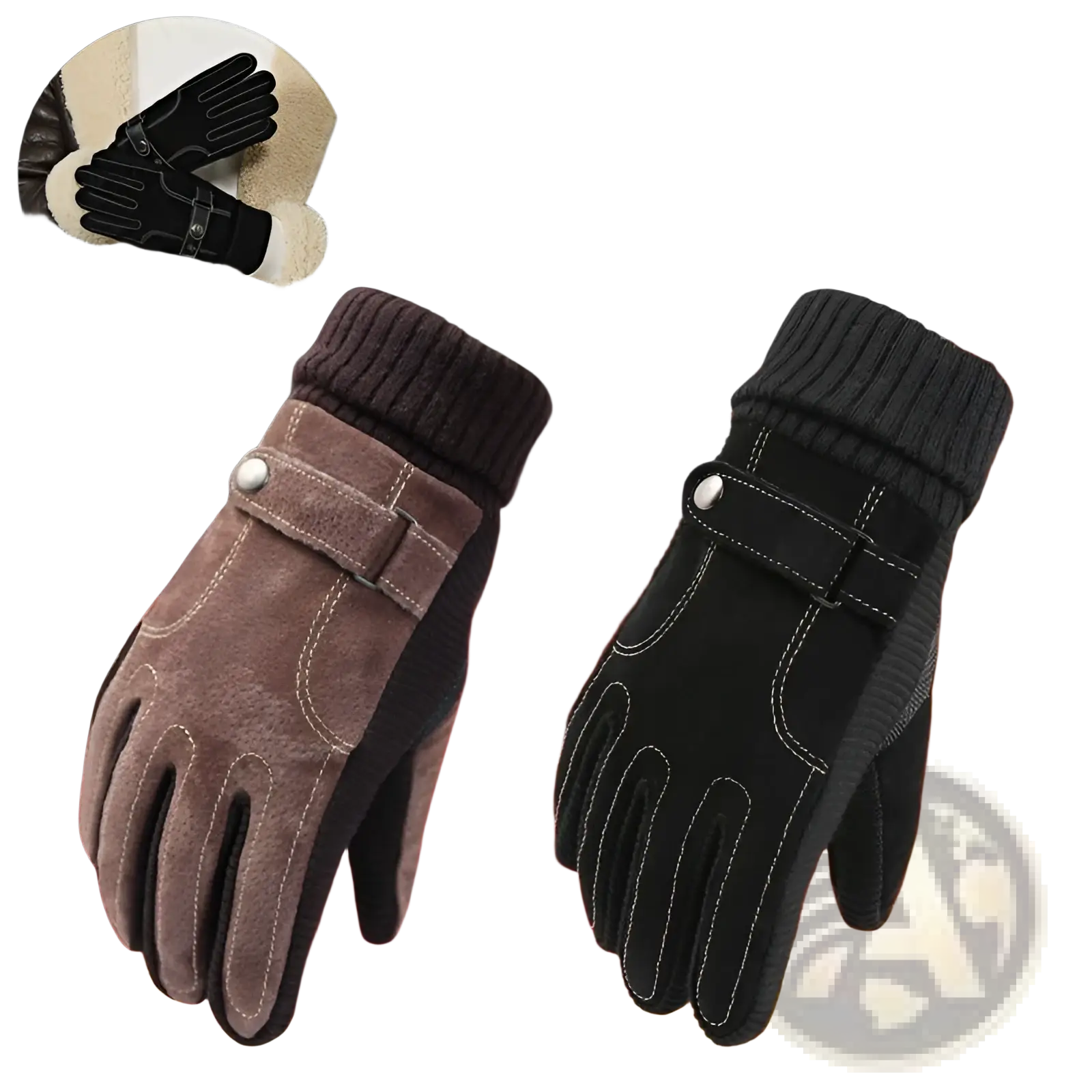Men’s touch screen winter leather gloves in brown and black with fleece-lined cuffs suede palms and reinforced stitching
