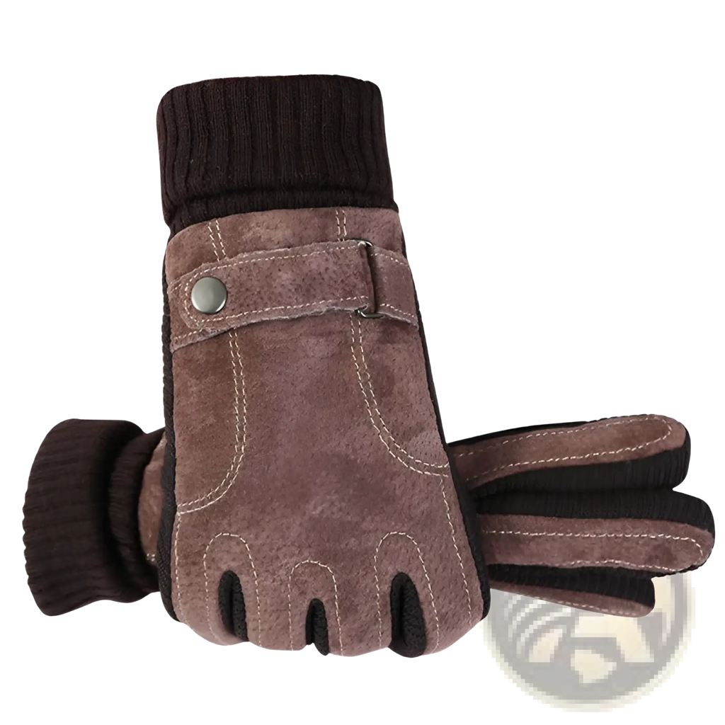 Men’s touch screen winter leather gloves in brown suede and black knit with ribbed cuff and snap closure back view