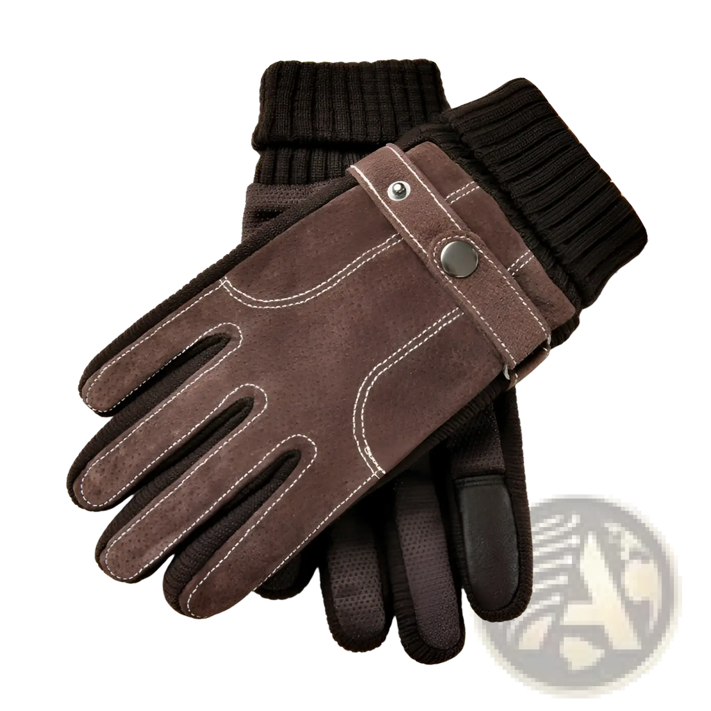 Men’s touch screen winter leather gloves in brown suede and knit with white stitching and a metallic snap closure