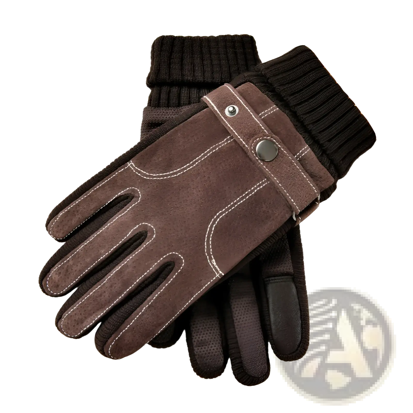 Men’s touch screen winter leather gloves in brown suede and knit with white stitching and a metallic snap closure