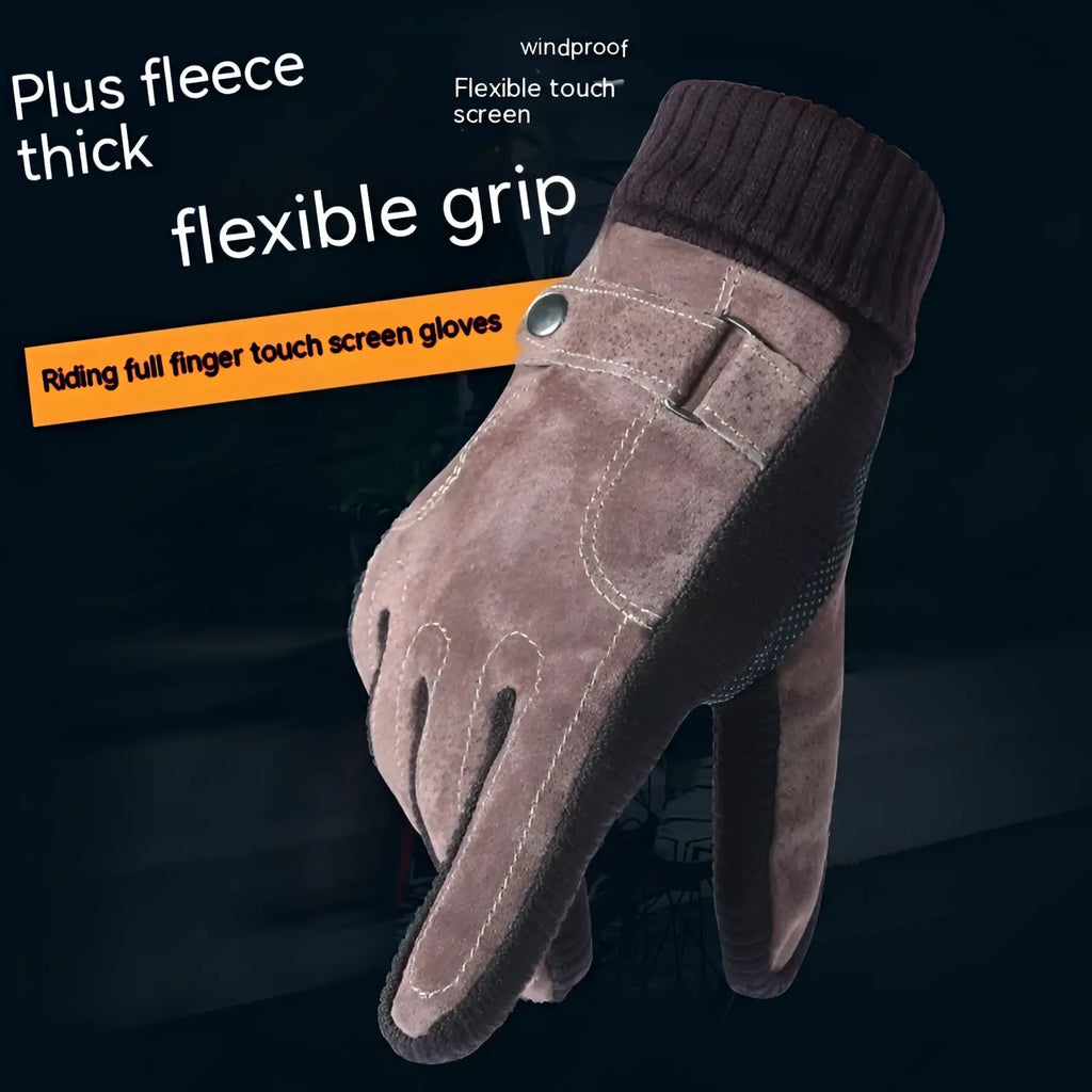 Brown suede men’s touch screen winter leather gloves with ribbed knit cuff and touchscreen-compatible fingertips viewed from back