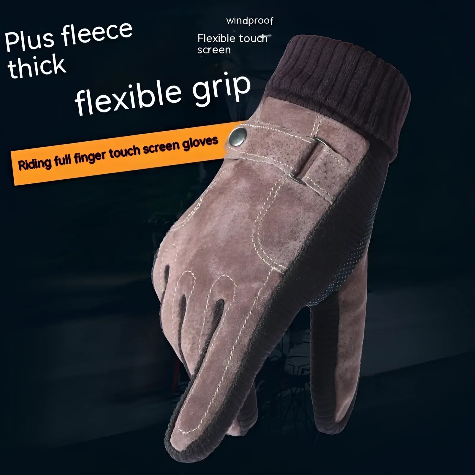 Brown suede men’s touch screen winter leather gloves with ribbed knit cuff and touchscreen-compatible fingertips viewed from back