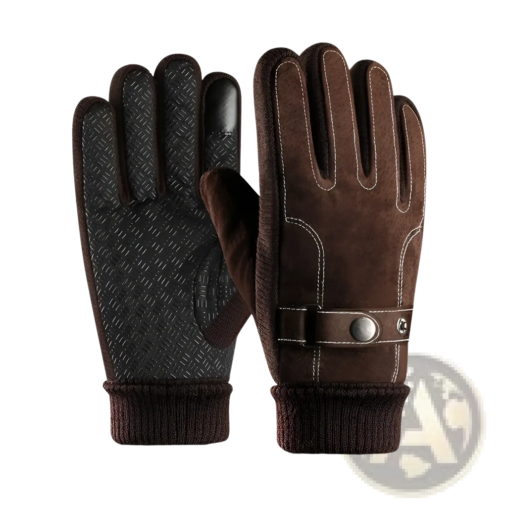 Men’s touch screen winter leather gloves in brown suede with textured black palm and white stitching on the back side