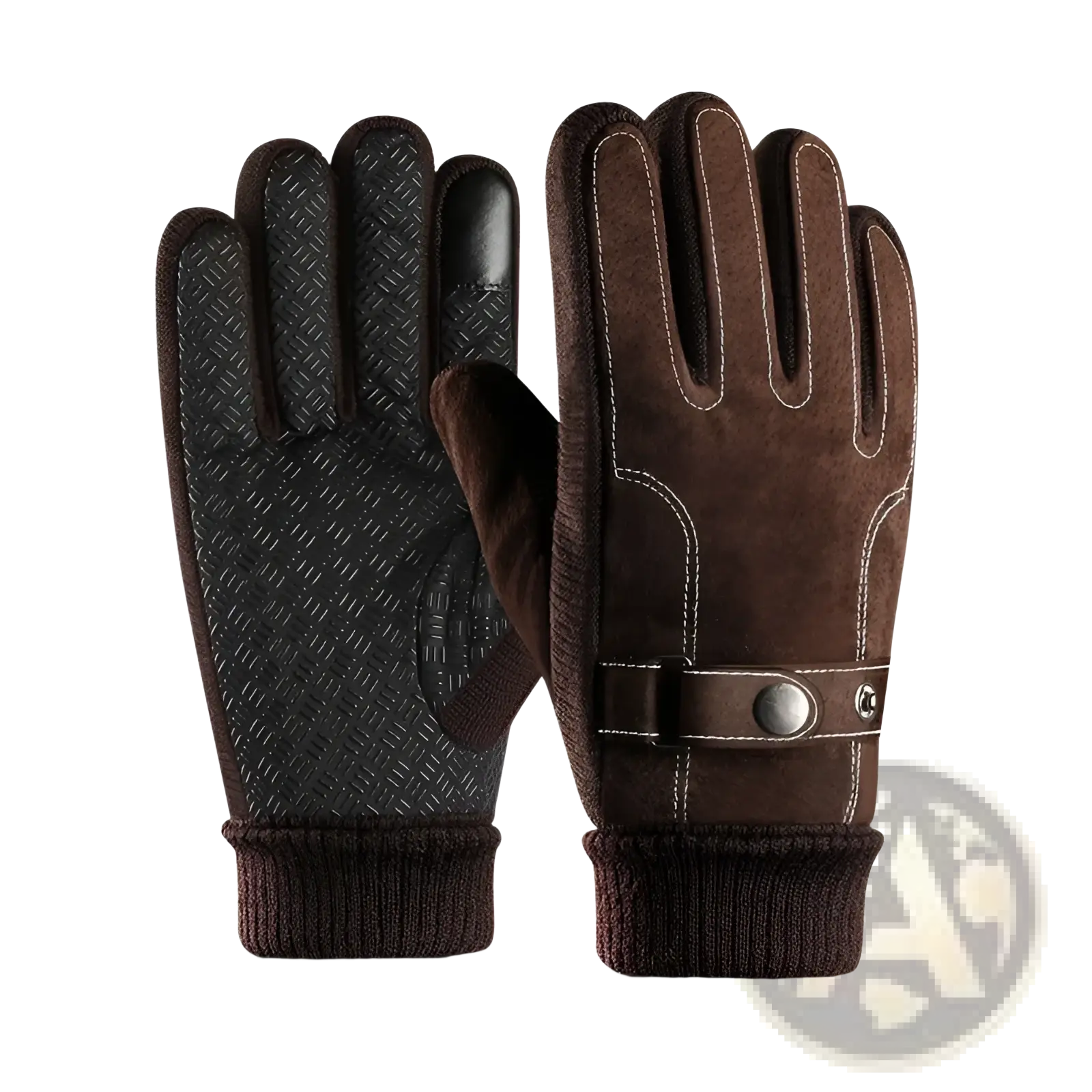 Men’s touch screen winter leather gloves in brown suede with textured black palm and white stitching on the back side