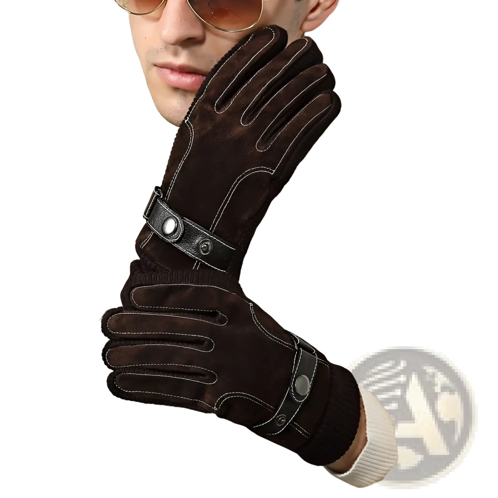 Men’s touch screen winter gloves in dark brown suede with black leather accents and silver snap closures back view