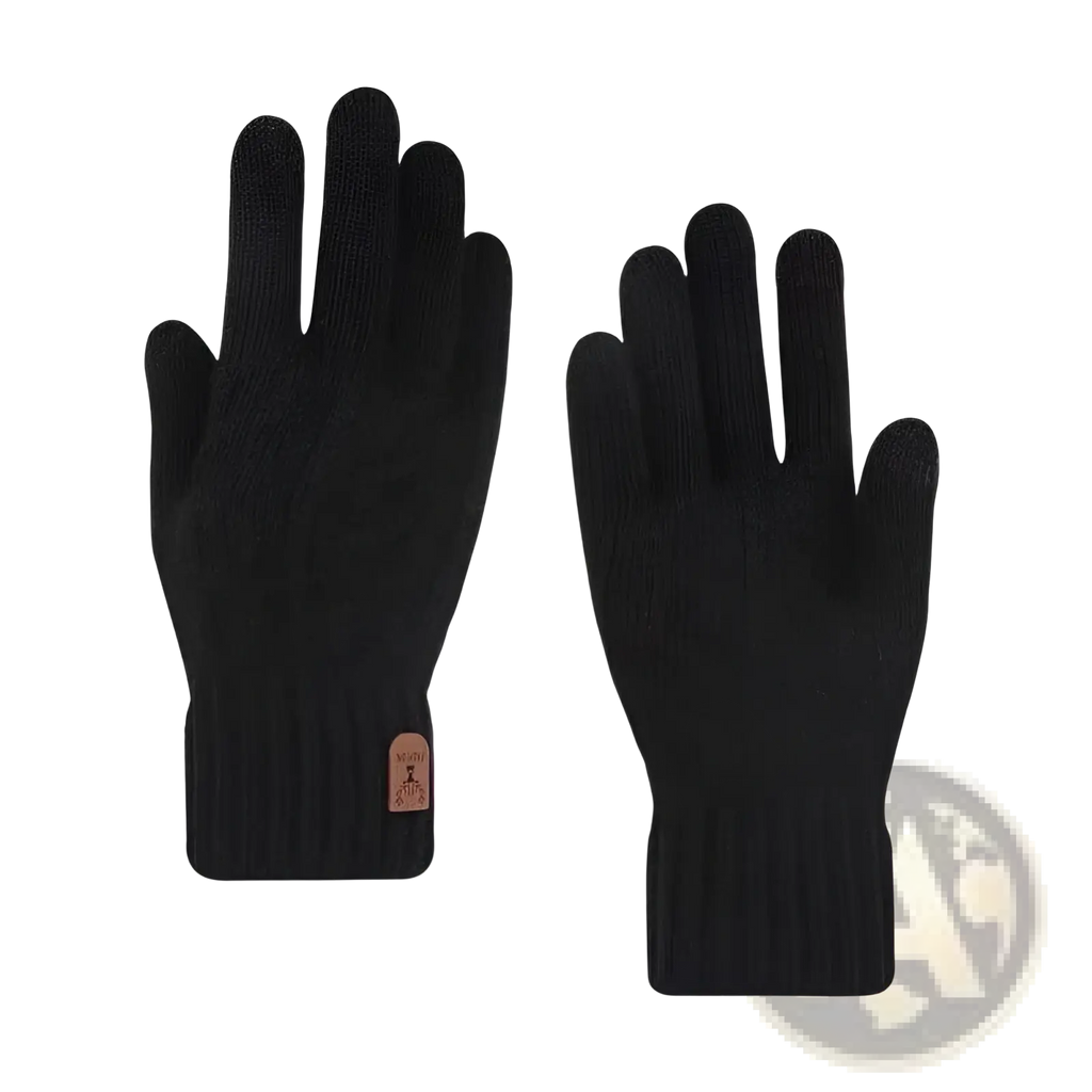 Men’s black knitted touchscreen winter gloves with ribbed cuff and brown leather patch shown from the back side