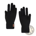 Men’s black knitted touchscreen winter gloves with ribbed cuff and brown leather patch shown from the back side