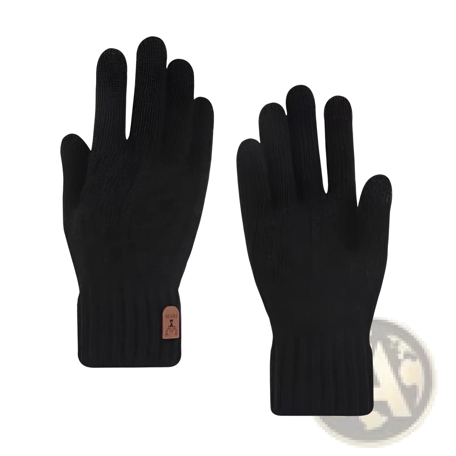Men’s black knitted touchscreen winter gloves with ribbed cuff and brown leather patch shown from the back side