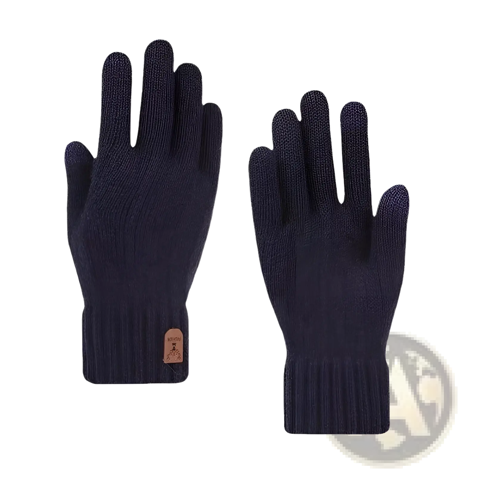 Men’s touchscreen winter knitted gloves in dark navy with ribbed cuff and brown leather patch on the wrist back side