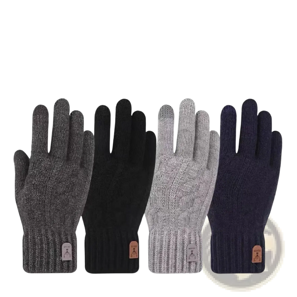 Four men’s knitted touchscreen winter gloves in gray black light gray and navy blue shown from the back side