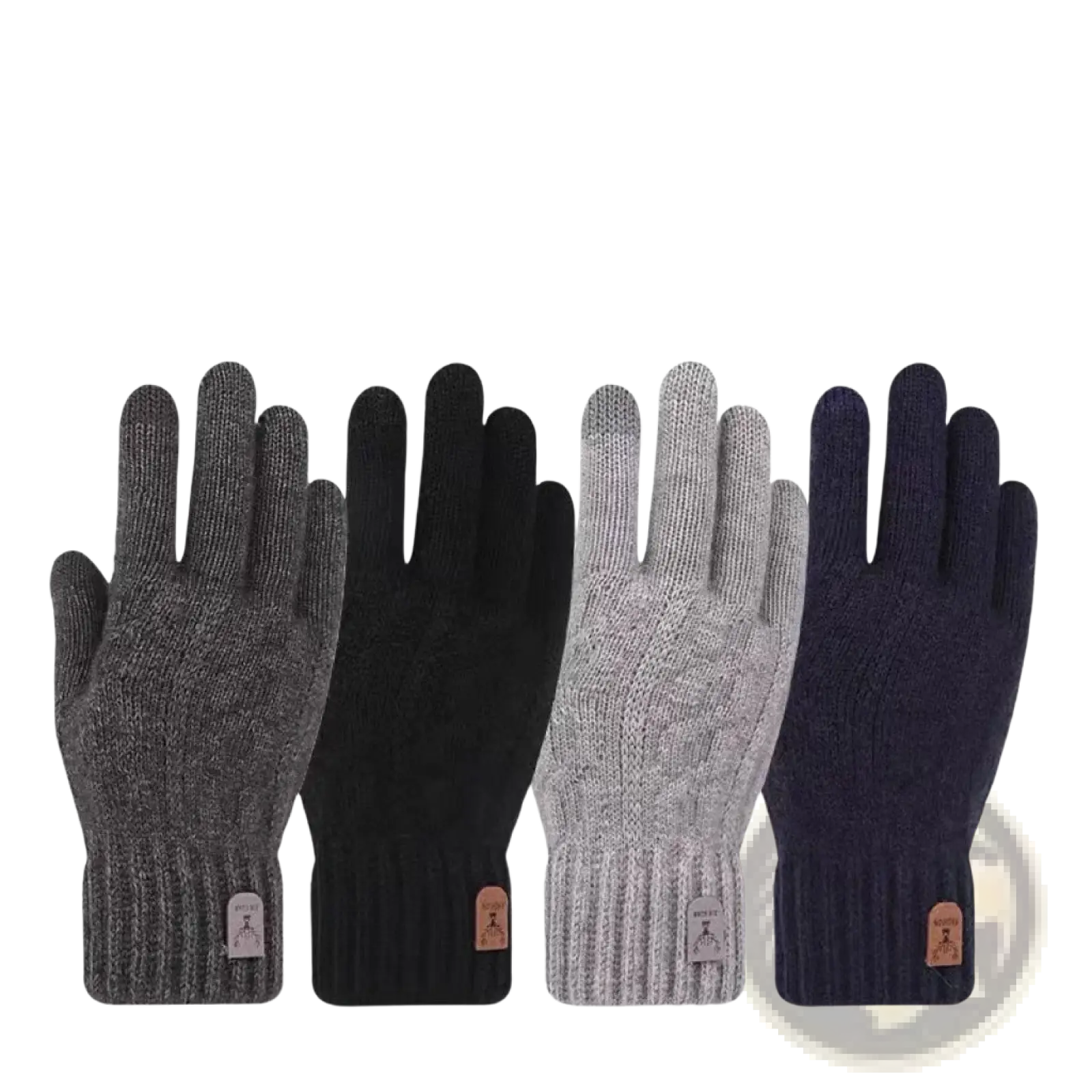 Four men’s knitted touchscreen winter gloves in gray black light gray and navy blue shown from the back side