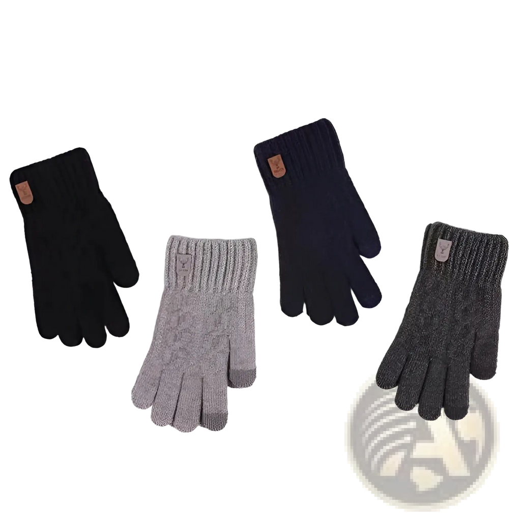 Men’s touchscreen winter knitted gloves in black gray and dark charcoal with ribbed cuffs and leather patches back view