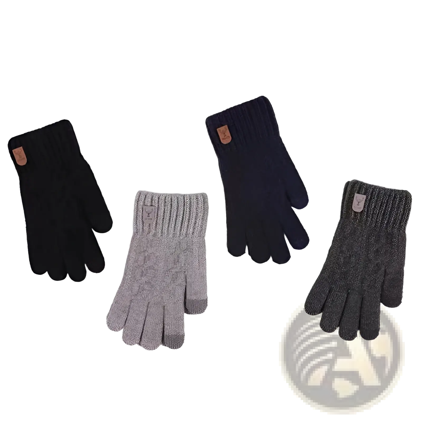 Men’s touchscreen winter knitted gloves in black gray and dark charcoal with ribbed cuffs and leather patches back view
