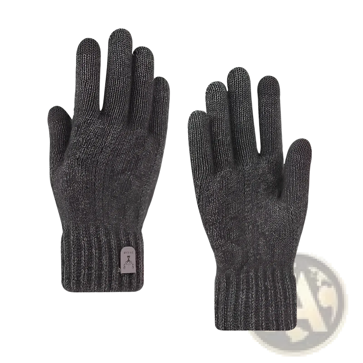 Dark grey knitted men’s touchscreen winter gloves with ribbed cuffs and small wrist label shown from the back side