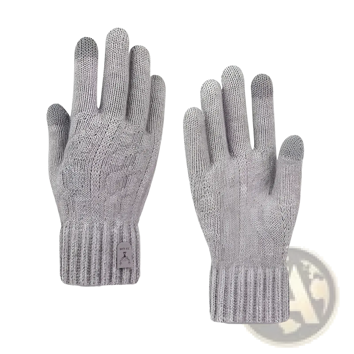 Light grey men’s knitted touchscreen winter gloves with ribbed cuff and subtle cable-knit pattern shown from back side