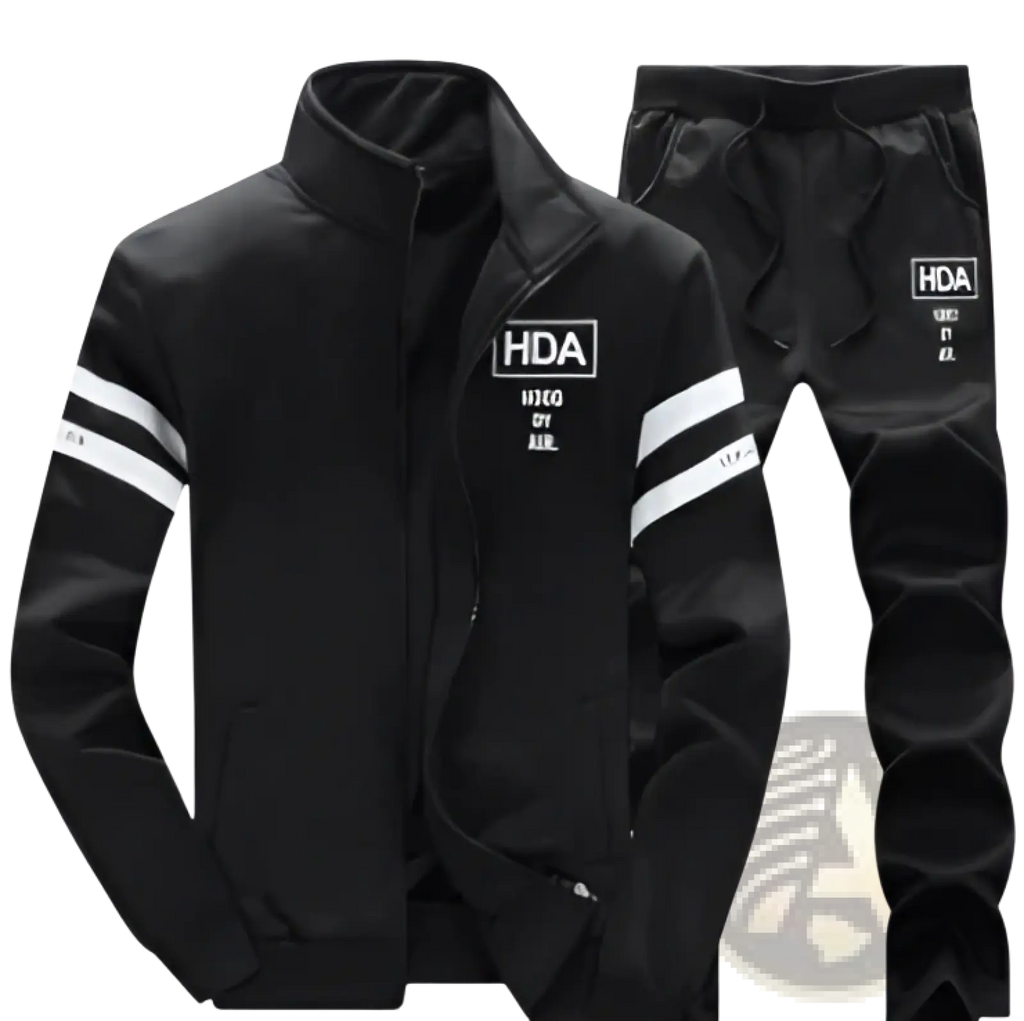 Mens track suit athletic zip sweatshirt jacket in black with white stripes on sleeves and chest logo branding