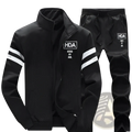 Mens track suit athletic zip sweatshirt jacket in black with white stripes on sleeves and chest logo branding