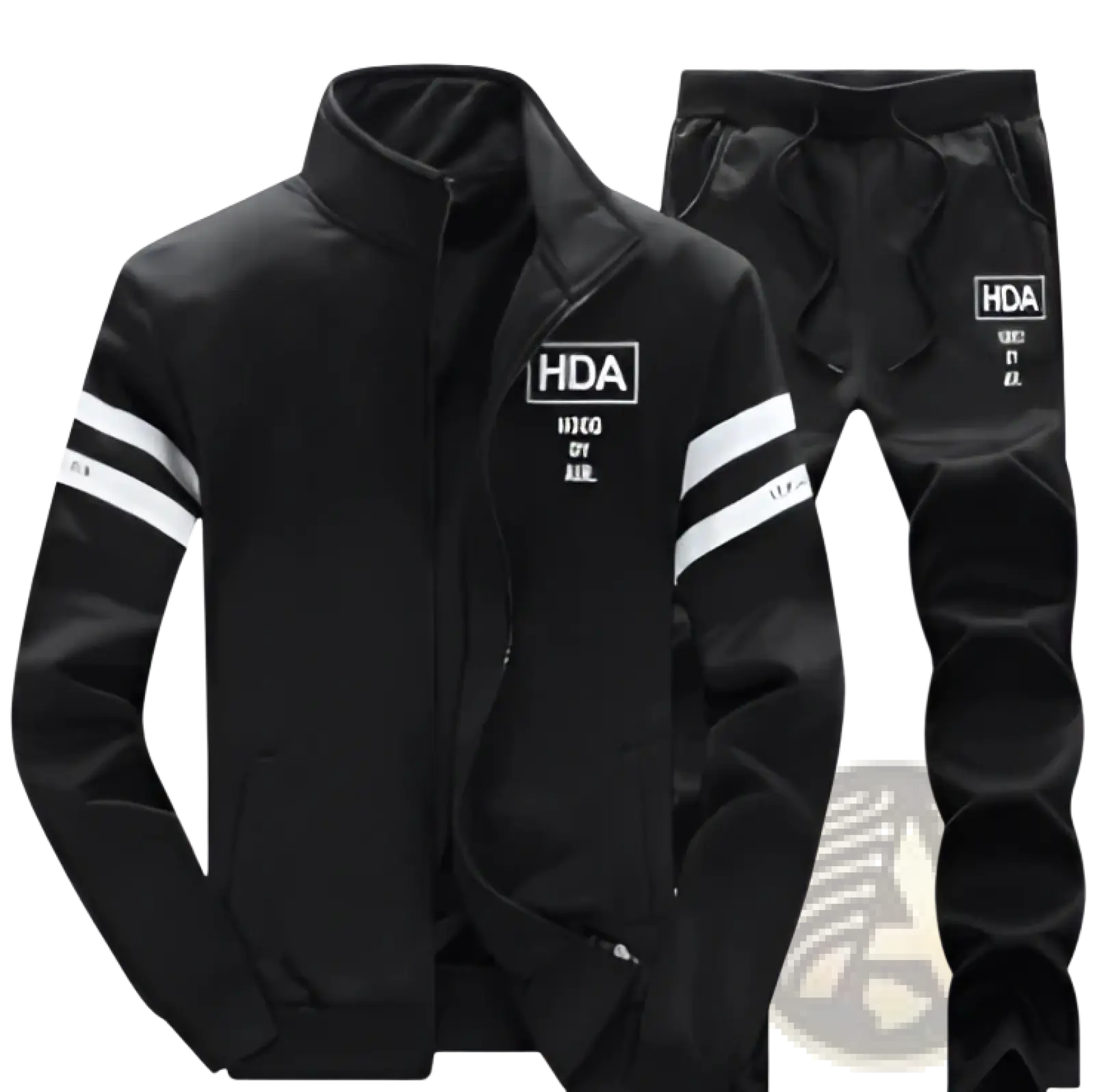 Mens track suit athletic zip sweatshirt jacket in black with white stripes on sleeves and chest logo branding