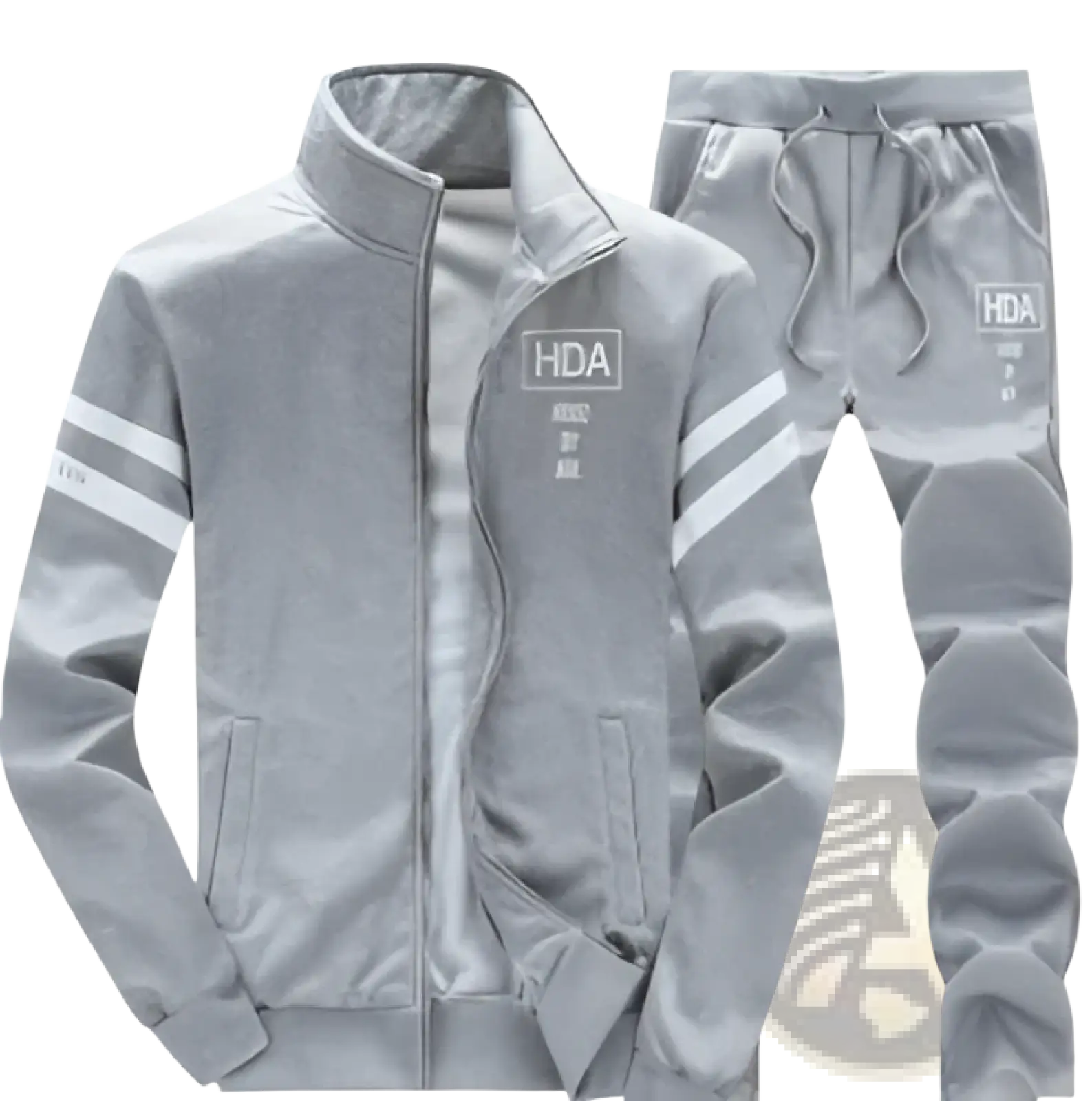 Mens gray hda track suit athletic zip sweatshirt jacket with white stripes on sleeves and pants for active wear