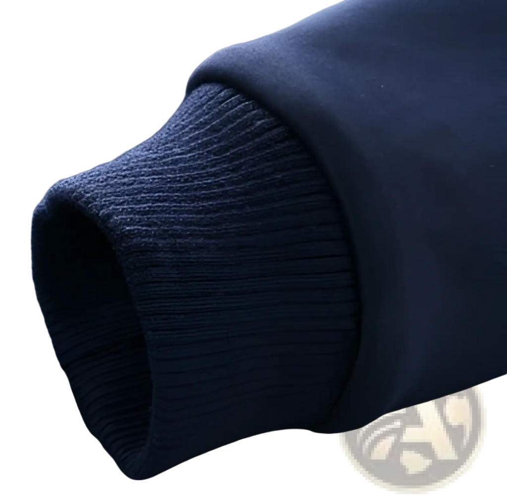 Mens track suit athletic zip sweatshirt jacket featuring a dark navy blue ribbed knit cuff with subtle textured weave