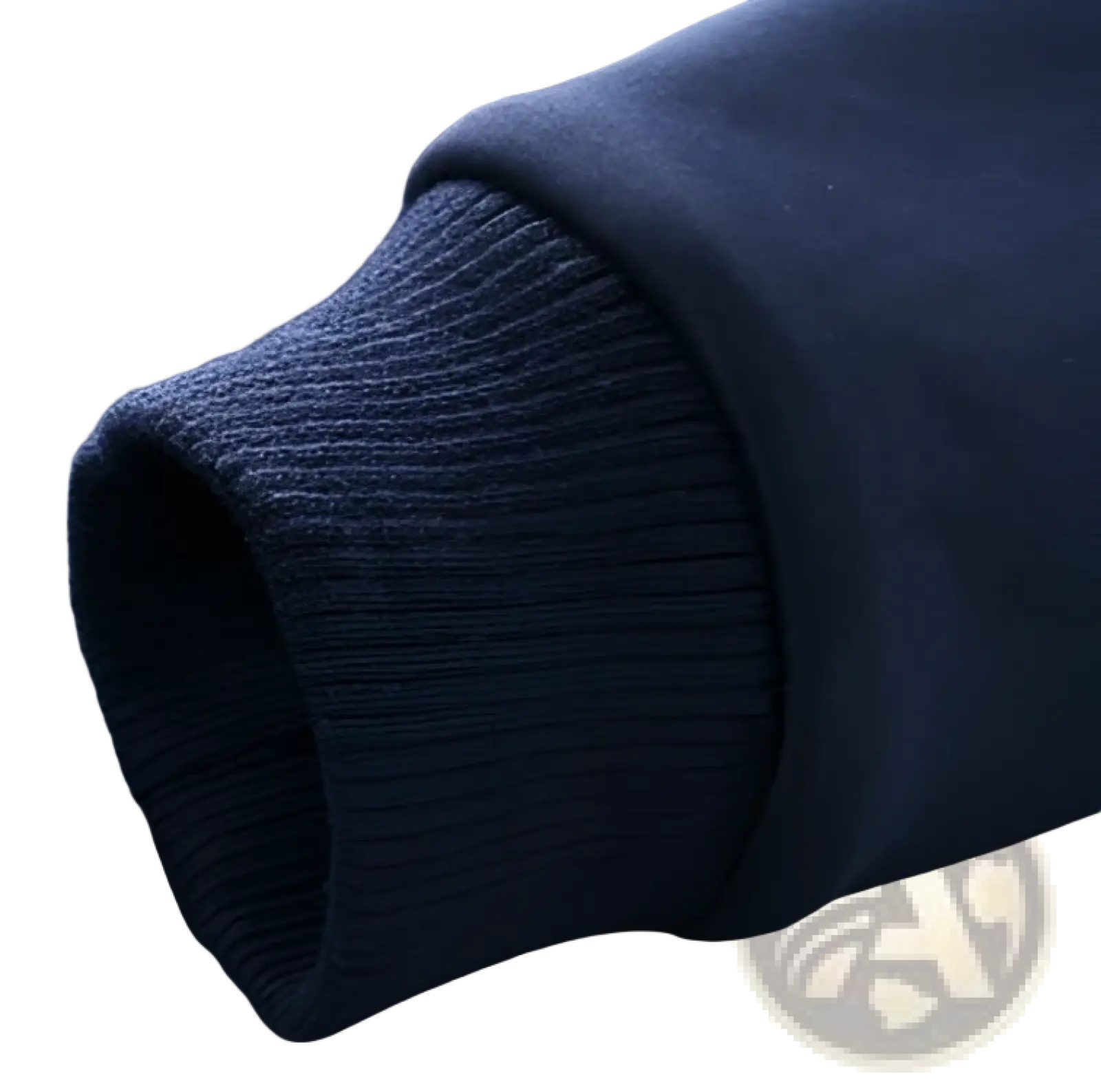 Mens track suit athletic zip sweatshirt jacket featuring a dark navy blue ribbed knit cuff with subtle textured weave