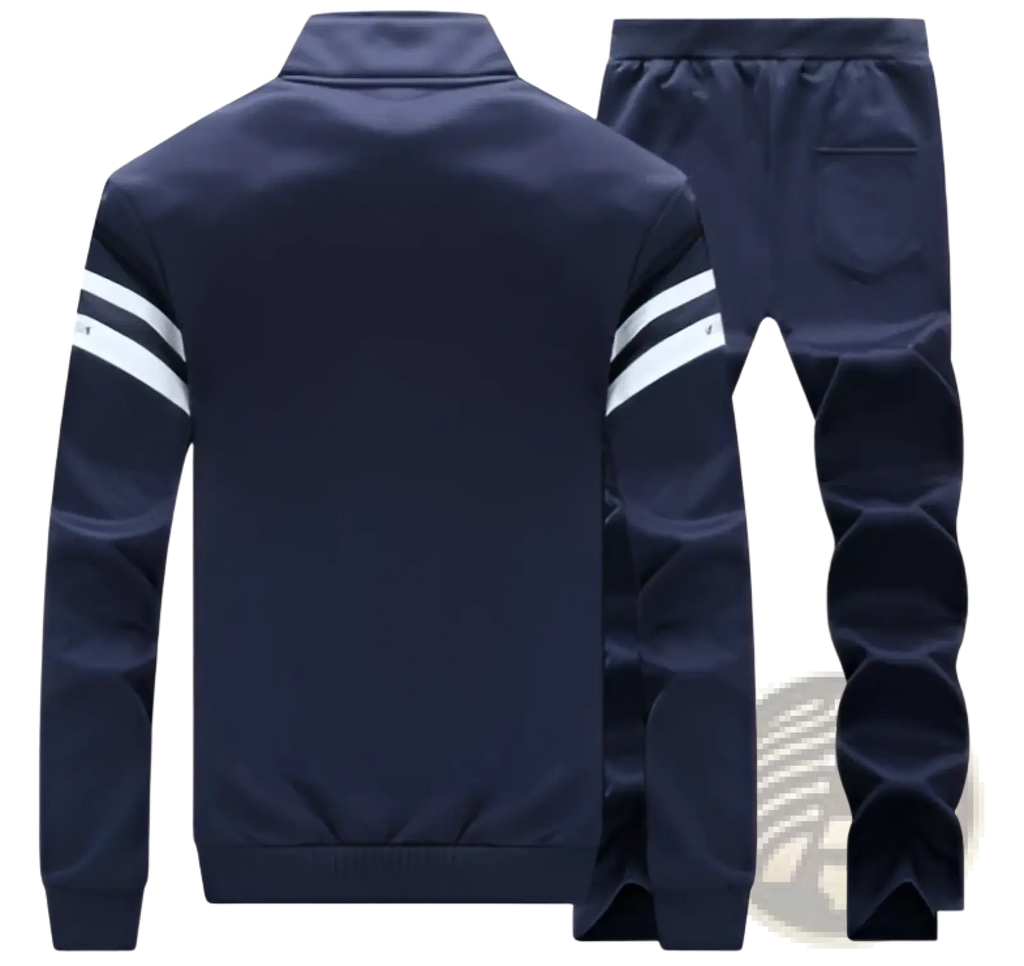 Mens navy blue athletic zip sweatshirt jacket with white stripes on sleeves and waistband for sportswear use