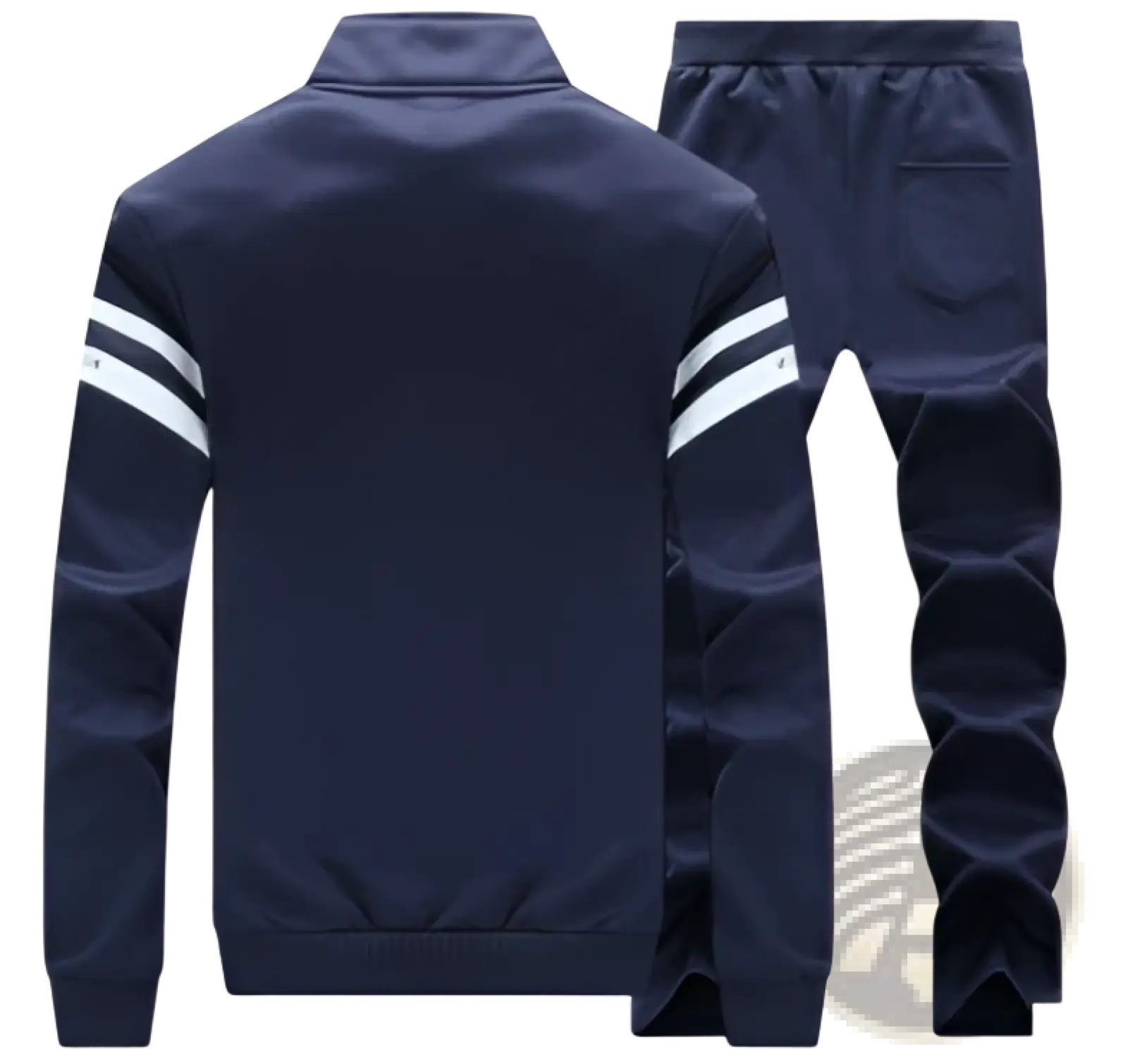 Mens navy blue athletic zip sweatshirt jacket with white stripes on sleeves and waistband for sportswear use