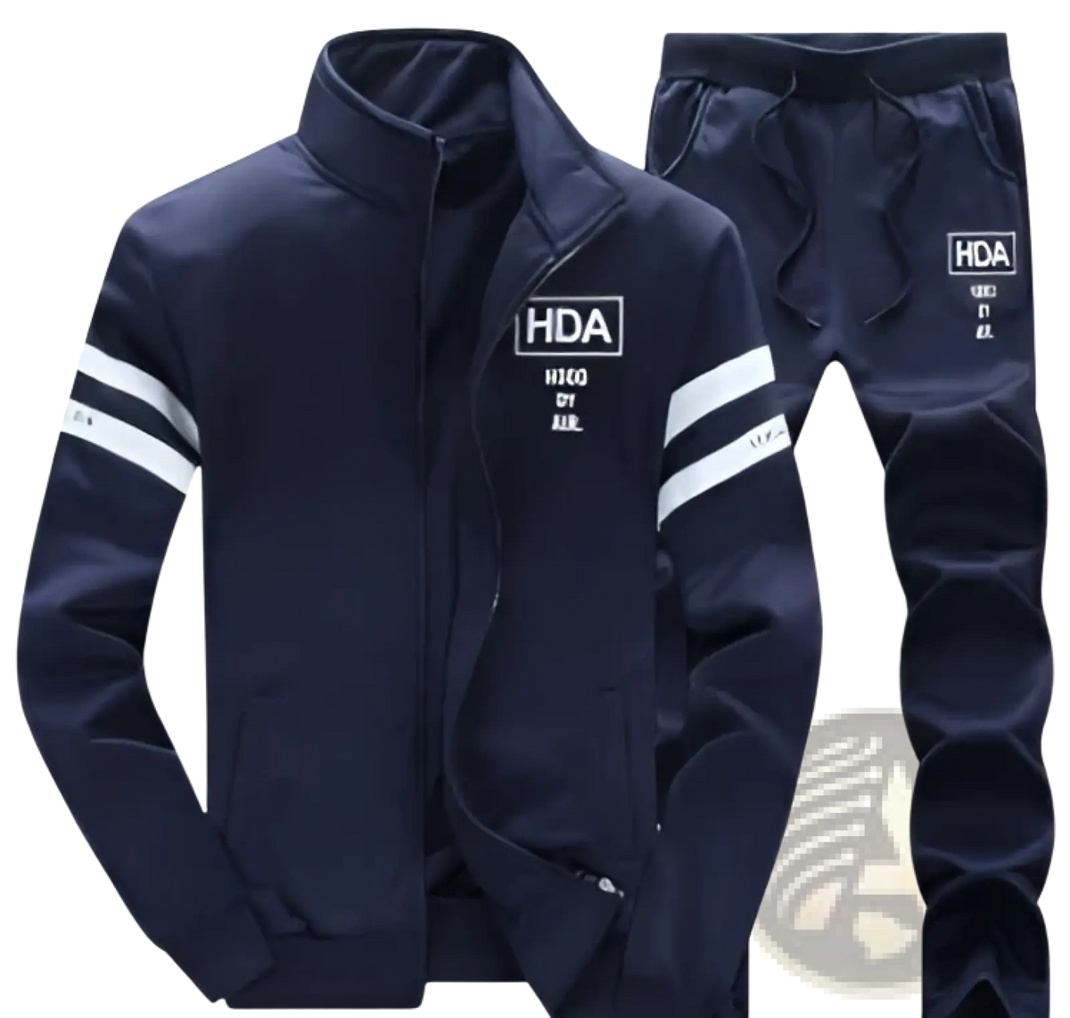 Navy blue hda branded men’s athletic zip sweatshirt jacket and track suit with white stripes on sleeves and pants