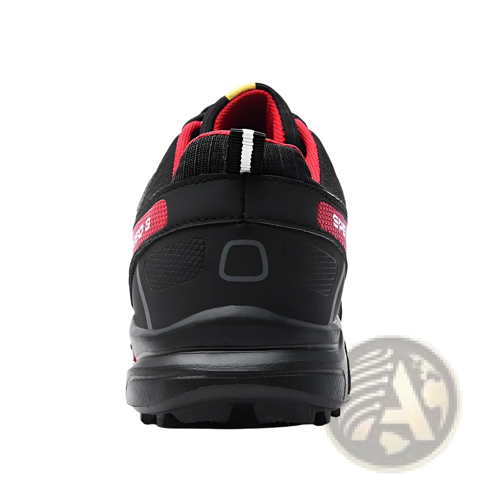 Men’s trail running shoes with breathable black and red mesh upper rubber sole and white stripe detail