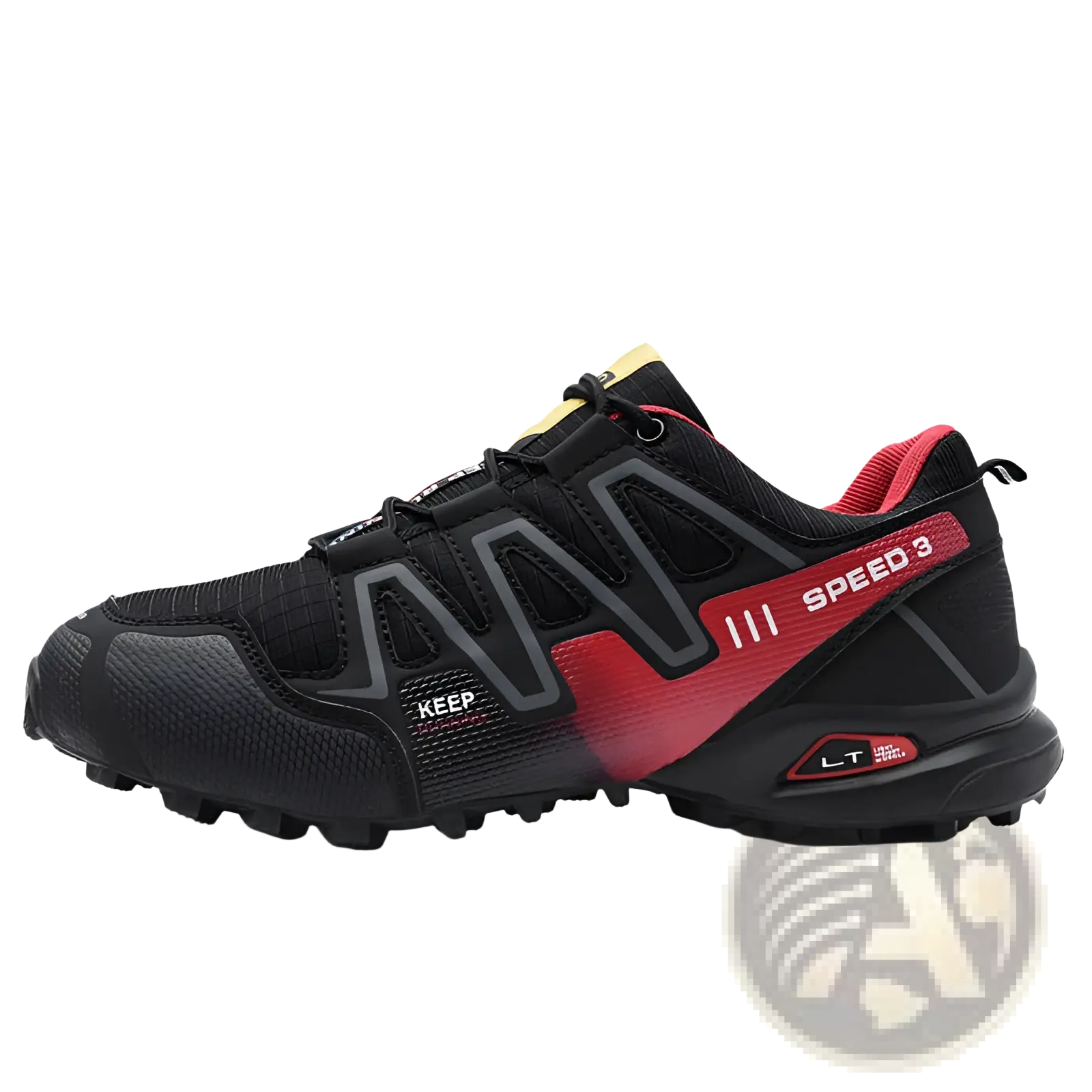 Men’s trail running shoes in black and red with breathable mesh upper and rubber outsole featuring bold speed 3 branding