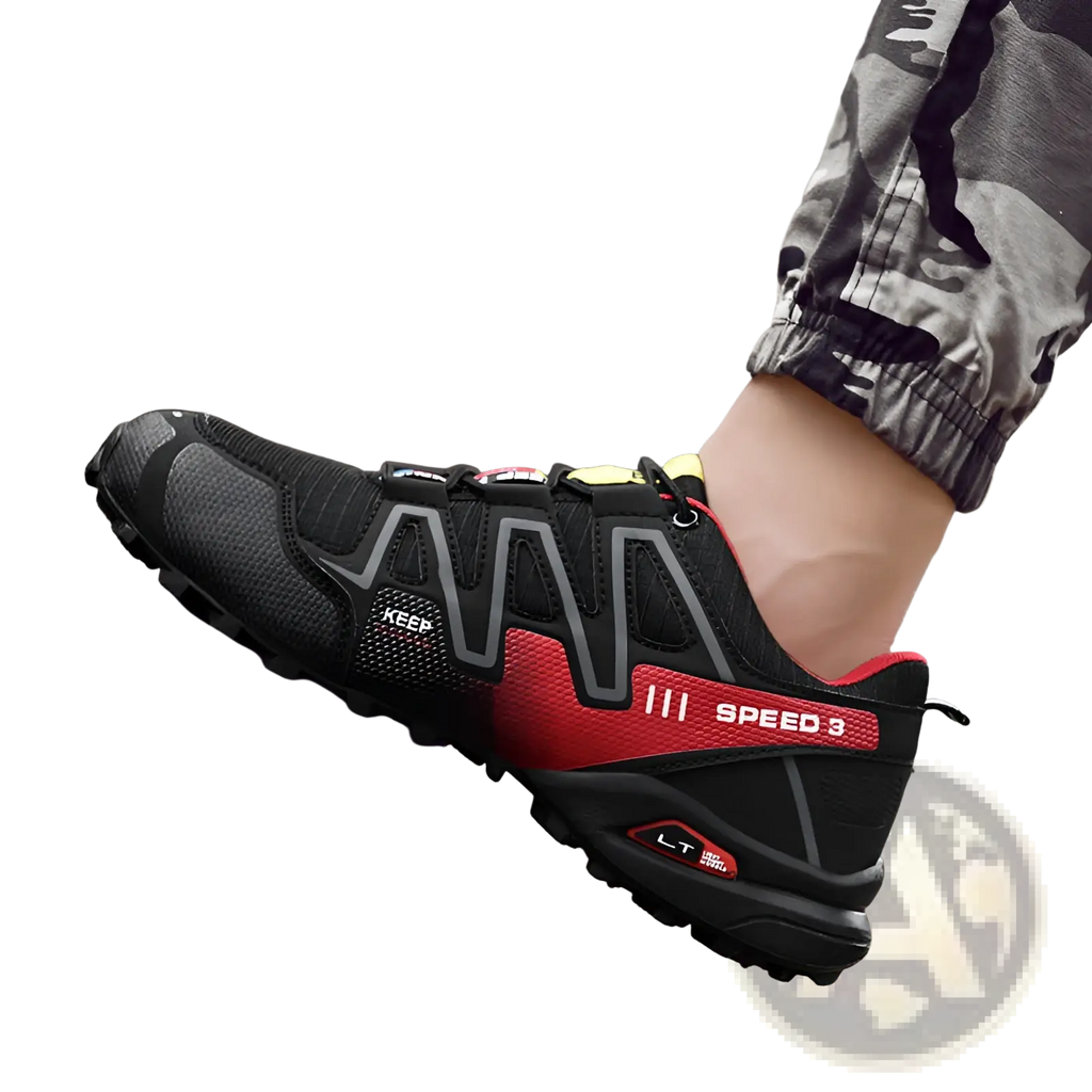 Men’s trail running shoes in black and red with breathable mesh upper gray accent stripes and speed 3 branding on the side
