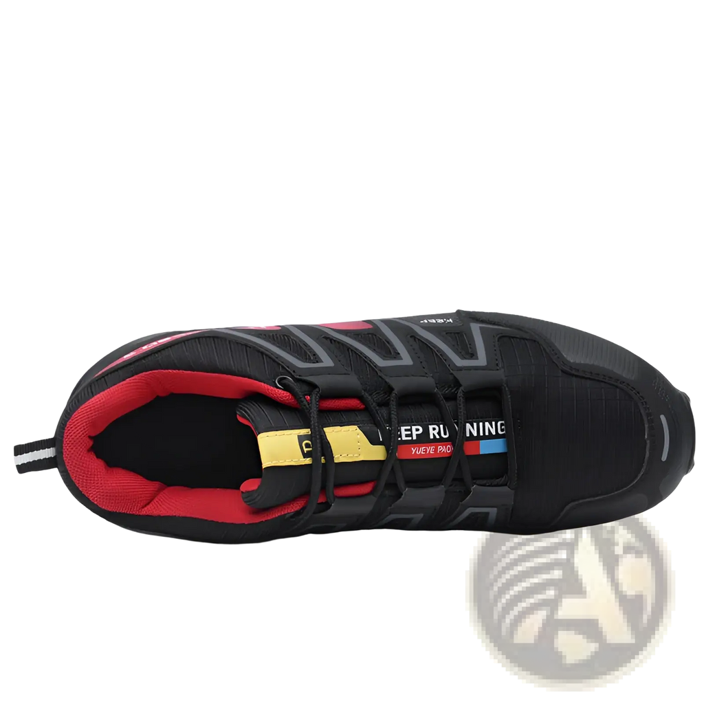 Men’s trail running shoes with breathable black mesh upper and red and yellow accents for durable outdoor use