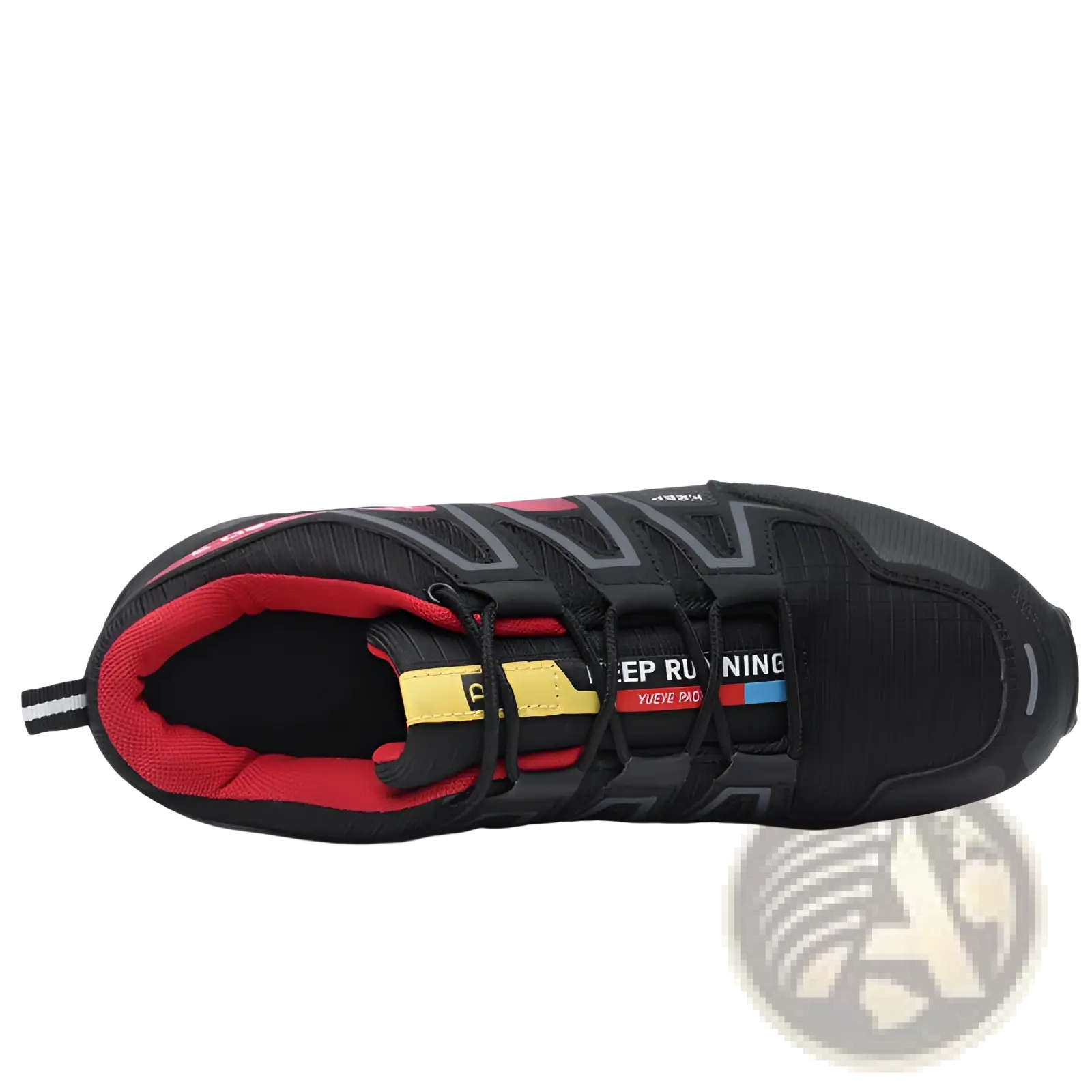 Men’s trail running shoes with breathable black mesh upper and red and yellow accents for durable outdoor use