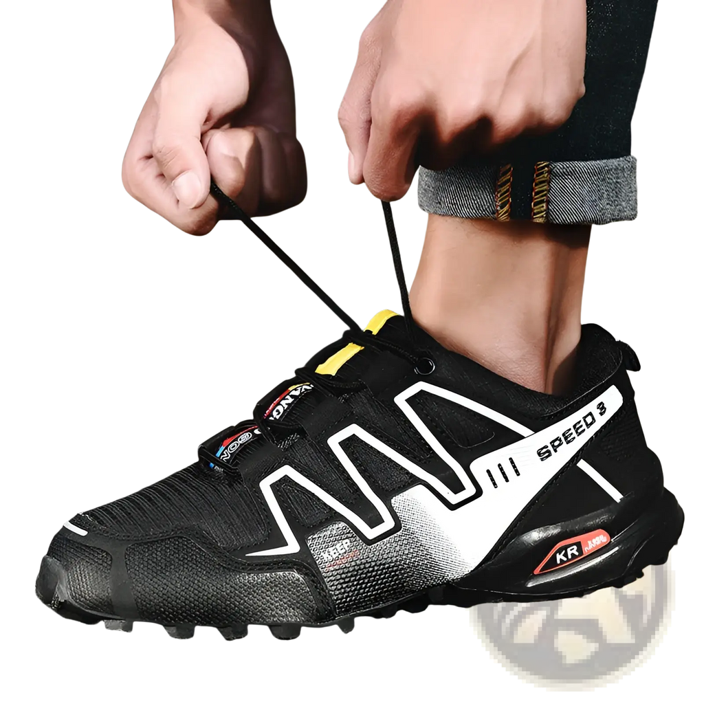Men’s Salomon Speed 3 trail running shoe in black and white breathable mesh with yellow accents for outdoor running