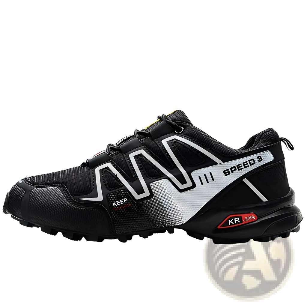 Men’s trail running shoes with breathable black and white textured mesh upper and red accent details near the heel