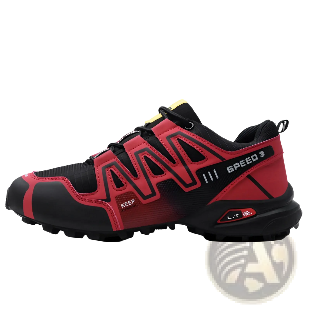 Men’s trail running shoe in red and black breathable mesh with bold geometric branding on the side