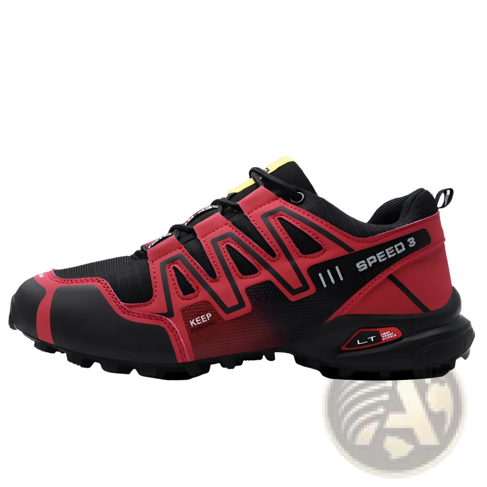 Men’s trail running shoe in red and black breathable mesh with bold geometric branding on the side