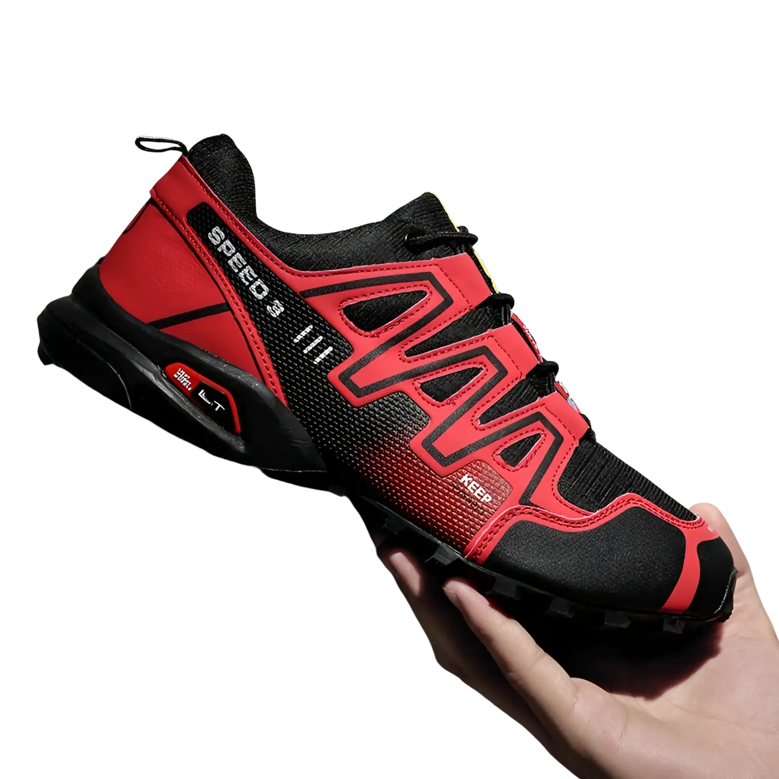 Men’s trail running shoes breathable mesh sneakers in red and black keen speed 3 with bold geometric design