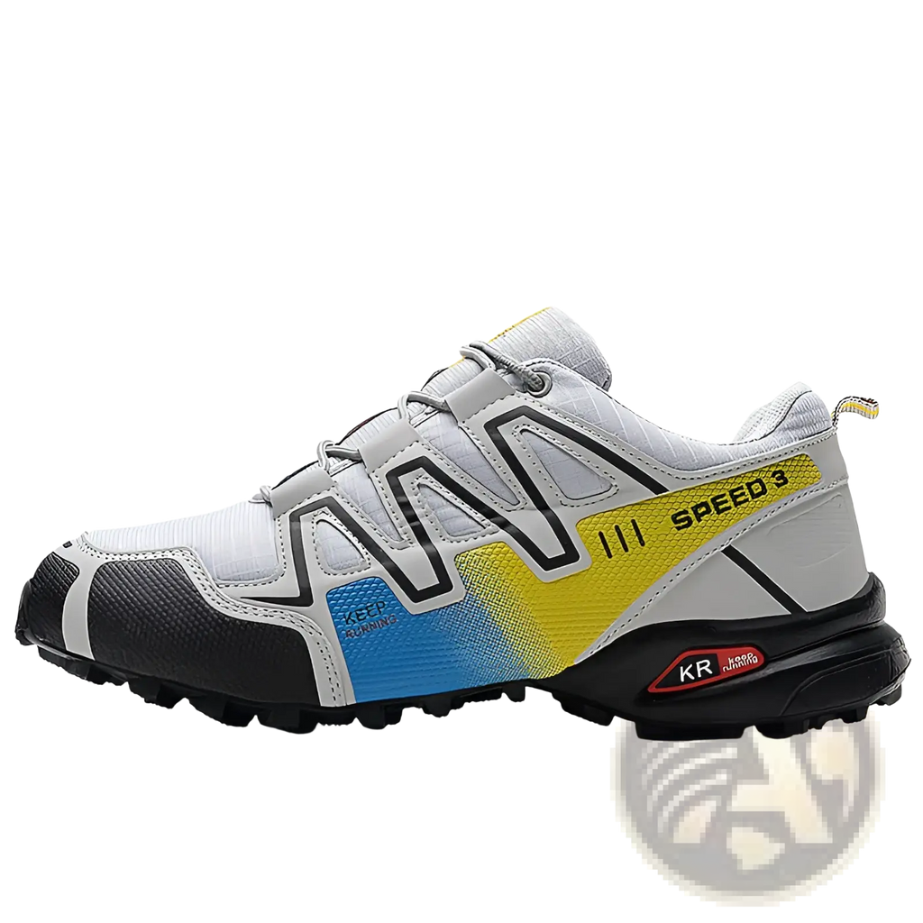 Men’s breathable mesh trail running shoes in white gray and black with vibrant yellow and blue gradient side panel